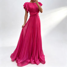 Load image into Gallery viewer, Wedding Guest Dress Elegant Party Long A Line Cap Sleeve Dresses Evening Pleated Off Shoulder Maxi Dress Fuchsia Pink Solid
