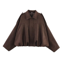 Load image into Gallery viewer, Women Bomber Jackets Suede Texture Coats Fashion Turn-down Collar Long Sleeve Loose Vintage Female Outerwear Chic Top Streetwear
