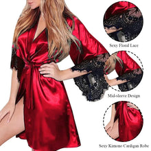 Load image into Gallery viewer, Women Night Gown Robe with G String Floral Lace Bathrobe Halt Sleeve Nightdress Female French Sexy Silky Satin Sleepwear
