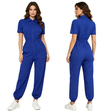 Load image into Gallery viewer, Womens Short Sleeve Scrubs Jumpsuit Front Zipper Elastic Waist Jogger Pants Rompers Nurse Doctor Workwear for Caring Nursing
