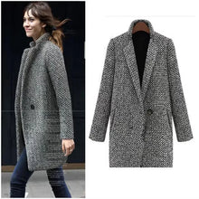 Load image into Gallery viewer, Women's Woolen Coat  Arrive European Female Spring European Leg Houndstooth Windbreaker Jacket Plus Size Long Winter Coat
