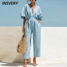 Load image into Gallery viewer, Summer Elegant Jumpsuit V Neck Lace Up High Waist Half Sleeve Long Pants Jumpsuits For Women Casual Loose Romper Playsuits
