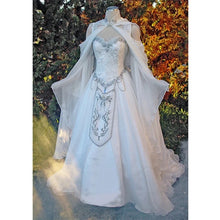 Load image into Gallery viewer, Medieval Wedding Dresses Elven Cape cloak Hood Fairy Long Sleeves embroidery Renaissance Fantasy Victorian Bride Gown customsize
