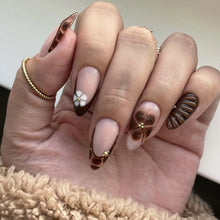 Load image into Gallery viewer, Medium fake nails for women Gradient nude brown blue flowers or rhinestones fall winter almond tips press on false nail art set
