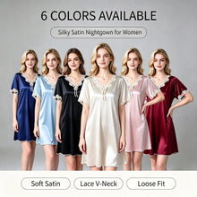 Load image into Gallery viewer, Elegant Women Satin Night Dress Lace V‑Neck Bow Knot Short Sleeve Sexy Sleepwear Ladies Home Loungewear Nightgown Sexy Lingiere
