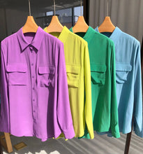 Load image into Gallery viewer, Women Real Silk Shirts Classic Double Pockets Solid Color Casual Fashion Long Sleeve Thin Shirt Blouses Tees
