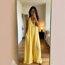 Load image into Gallery viewer, Women's White Halter Jumpsuit Deep V Neck Sleeveless Wide Leg Cuffed Hem Pocketed Boho Resort Casual Summer Y2K Chic Jumpsuit
