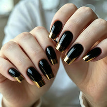 Load image into Gallery viewer, 24PCS of false nails with a nude base coat and a shiny black surface and featuring a mirror-gold metallic French tip design
