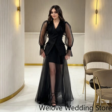 Load image into Gallery viewer, Black Evening Dress For Women V‑Neck Tulle Puff Long Sleeve Shoulder Beaded Embellishment Short Inner Dress Flowy Long Sheer
