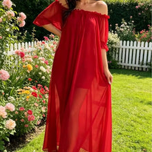 Load image into Gallery viewer, Home Dress Off Shoulder Sheer Nightgown V-neck Ruffle Mesh Nightdress Transparent Short Sleeve Long Sleeping Dress Sleep
