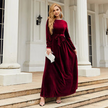 Load image into Gallery viewer, Women's Elegant A-Line Velvet Dress for Wedding Guest Prom Party Wedding Party, Long Sleeve Round Neck Belted Full Skirt
