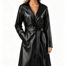 Load image into Gallery viewer, Fashion Turn Down Collar Pu Coat Work Street Wear Tight Waist Jacket Outerwear Women Mid Length Coats Faux Leather Jackets
