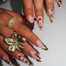 Load image into Gallery viewer, Medium fake nails for women Gradient nude brown blue flowers or rhinestones fall winter almond tips press on false nail art set
