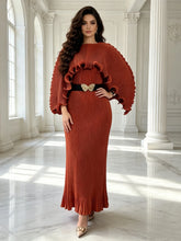 Load image into Gallery viewer, Elegant Pleated Long Dress with Butterfly Belt Women Cape Sleeve Wave Edge Ruffle Evening Party Dress
