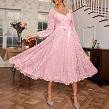 Load image into Gallery viewer, Elegant Party Dress For Woman Evening Prom Dresses Lace Long Gown V Neck Maxi Dress White Pink Floral Lace A Line Balloon Sleeve
