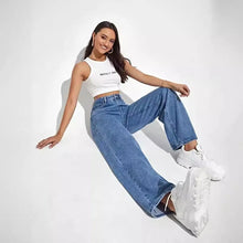 Load image into Gallery viewer, Fashion retro blue jeans women y2k High street baggy straight pants High waisted all-in-one slim pants
