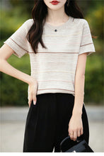 Load image into Gallery viewer, Women's T-shirts Summer New 100% Cotton Short Sleeve Casual Striped Knit Blouse Round Neck Tops Loose Pullover Tees
