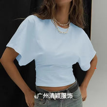 Load image into Gallery viewer, Women's T-shirts Crew Neck Ruched Waist Slim Fit Solid Color Casual Cropped Tee Summer Streetwear Basic Daily Wear Top
