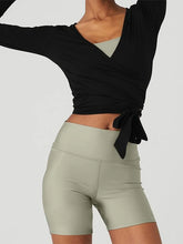 Load image into Gallery viewer, Women's Yoga Shirts Wrap Ruched Tie Front Long Sleeve Workout T Shirts Sexy Deep V Neck Slim Fit Casual Cropped Top
