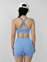 Load image into Gallery viewer, Women's Yoga Set Strappy Sports Bra &amp; High Waisted Shorts | Quick Dry Padded Butt Lifting Workout Outfit for Running Traini
