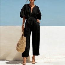 Load image into Gallery viewer, Summer Elegant Jumpsuit V Neck Lace Up High Waist Half Sleeve Long Pants Jumpsuits For Women Casual Loose Romper Playsuits
