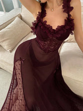Load image into Gallery viewer, Night Dress Woman Suspenders Polka Dot Mesh Sleepwear Fairy Bow Long Dress Pajama Petal Nightwear V-Neck Backless Sexy Nightgown
