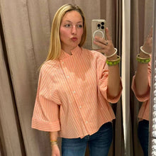 Load image into Gallery viewer, Women's Pink Striped Shirts Summer Asymmetric Button Mid Sleeve Loose Fit Shirts Casual Office Look Vintage Elegant Female Tops
