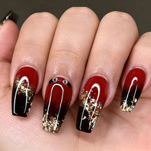 Load image into Gallery viewer, 24PCS of false nails with a nude base coat and a shiny black surface and featuring a mirror-gold metallic French tip design
