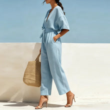 Load image into Gallery viewer, Summer Elegant Jumpsuit V Neck Lace Up High Waist Half Sleeve Long Pants Jumpsuits For Women Casual Loose Romper Playsuits

