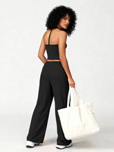 Load image into Gallery viewer, Women 2 Piece Yoga Outfit Ribbed Halter Crop Tank Top Drawstring Wide Leg Pants Set Casual Workout Gym Loungewear Tracksuit
