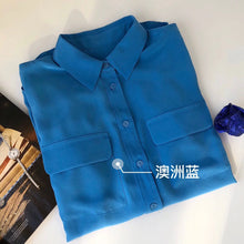 Load image into Gallery viewer, Women Real Silk Shirts Classic Double Pockets Solid Color Casual Fashion Long Sleeve Thin Shirt Blouses Tees
