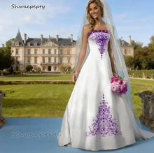 Load image into Gallery viewer, Elegant Embroidery White And Purple Wedding Dress Sweep Train A-Line Satin Strapless Bride Gowns Customized Robes De mariée
