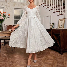 Load image into Gallery viewer, Elegant Party Dress For Woman Evening Prom Dresses Lace Long Gown V Neck Maxi Dress White Pink Floral Lace A Line Balloon Sleeve
