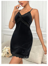 Load image into Gallery viewer, Women's Velvet Nightdress Sexy Deep V Nightgown Female Lace Patchwork Suspender Skirt Backless Adjustable shoulder strap Dress
