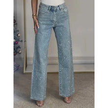 Load image into Gallery viewer, 2025 Women Jeans Straight Diamonds Pants Stretch High Waist Washed Mom Jeans Y2k Streetwear Trousers Vintage Denims Streetwear
