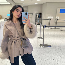 Load image into Gallery viewer, Elegant Women's Lace Up Woolen Coats Solid Full Sleeve Turn-down Collar Loose Lady Coats 2025 Autumn Winter Female Streetwear
