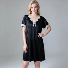 Load image into Gallery viewer, Elegant Women Satin Night Dress Lace V‑Neck Bow Knot Short Sleeve Sexy Sleepwear Ladies Home Loungewear Nightgown Sexy Lingiere
