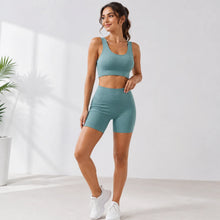 Load image into Gallery viewer, Seamless Ribbed Yoga Set 2 Piece Workout Outfit, Crop Tank Top &amp; High Waist Biker Shorts Gym Suit for Fitness, Running, Pilates
