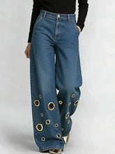 Load image into Gallery viewer, Women's High Waist Wide Leg Jeans with Gold Eyelets Vintage Baggy Denim Pants, Y2K Streetwear Hollow Out Trousers Ladies Jeans
