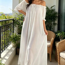 Load image into Gallery viewer, Home Dress Off Shoulder Sheer Nightgown V-neck Ruffle Mesh Nightdress Transparent Short Sleeve Long Sleeping Dress Sleep
