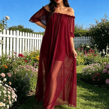 Load image into Gallery viewer, Home Dress Off Shoulder Sheer Nightgown V-neck Ruffle Mesh Nightdress Transparent Short Sleeve Long Sleeping Dress Sleep
