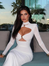 Load image into Gallery viewer, Elegant Party Dresses For Women Fashion Sexy Solid Full Sleeves Hollow Out Turtleneck Sheath Hip Wrap Long Vestidos Robes Female
