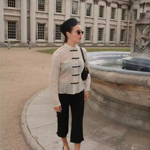 Load image into Gallery viewer, Women Trendy Sexy Striped Shirts Summer Female Chic Rope Buttons Sheer Shirts Lady High Street Elegant Long Sleeve Blouse Tops
