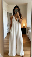Load image into Gallery viewer, Women's White Halter Jumpsuit Deep V Neck Sleeveless Wide Leg Cuffed Hem Pocketed Boho Resort Casual Summer Y2K Chic Jumpsuit
