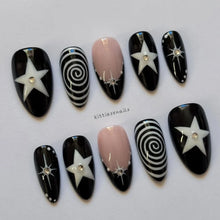 Load image into Gallery viewer, 10 Pieces of Hand-Pressed Almond-Shaped Nails, Beautiful False Nails, Featuring Black Swirl Punk Stars, Suitable for Women
