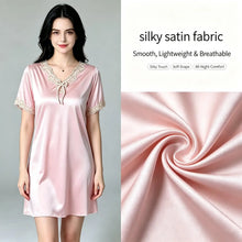 Load image into Gallery viewer, Elegant Women Satin Night Dress Lace V‑Neck Bow Knot Short Sleeve Sexy Sleepwear Ladies Home Loungewear Nightgown Sexy Lingiere
