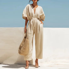 Load image into Gallery viewer, Summer Elegant Jumpsuit V Neck Lace Up High Waist Half Sleeve Long Pants Jumpsuits For Women Casual Loose Romper Playsuits
