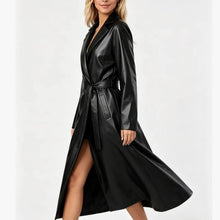 Load image into Gallery viewer, Fashion Turn Down Collar Pu Coat Work Street Wear Tight Waist Jacket Outerwear Women Mid Length Coats Faux Leather Jackets
