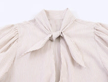 Load image into Gallery viewer, HH Women Elegant Striped Casual Spring Shirt Puff Sleeves Bow Decoration Blouse Female Loose Versatile Single-breasted Blouse
