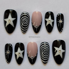 Load image into Gallery viewer, 10 Pieces of Hand-Pressed Almond-Shaped Nails, Beautiful False Nails, Featuring Black Swirl Punk Stars, Suitable for Women
